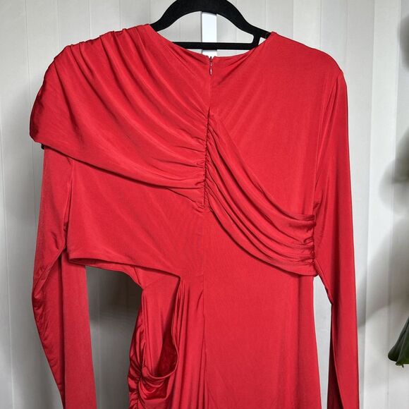 H:ours Dress Mini Red Color Draped Waist Cutout Ruched Long Sleeves Ariya Sz XL - Picture 10 of 11